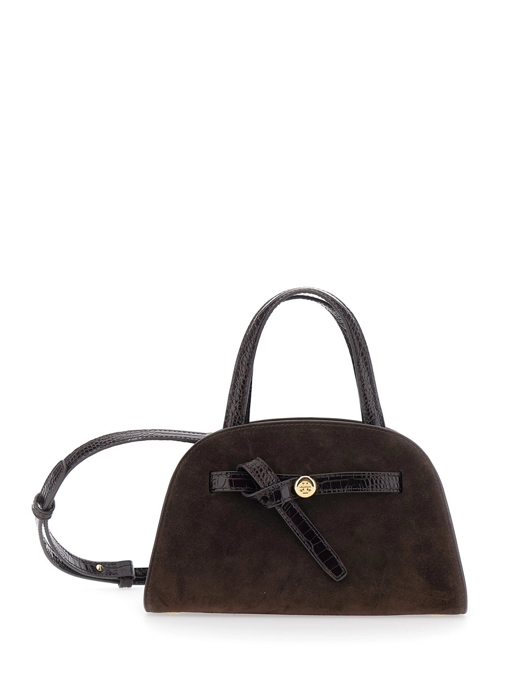 Tory Burch Borsa Mini 'Romy' con tracolla regolabile e removibile e placca logo sul fronte in pelle scamosciata marrone donna