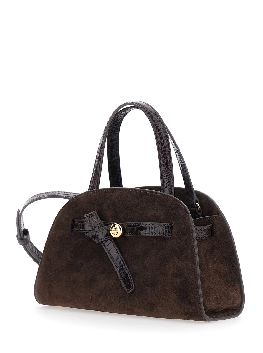 Tory Burch Borsa Mini 'Romy' con tracolla regolabile e removibile e placca logo sul fronte in pelle scamosciata marrone donna, view 2