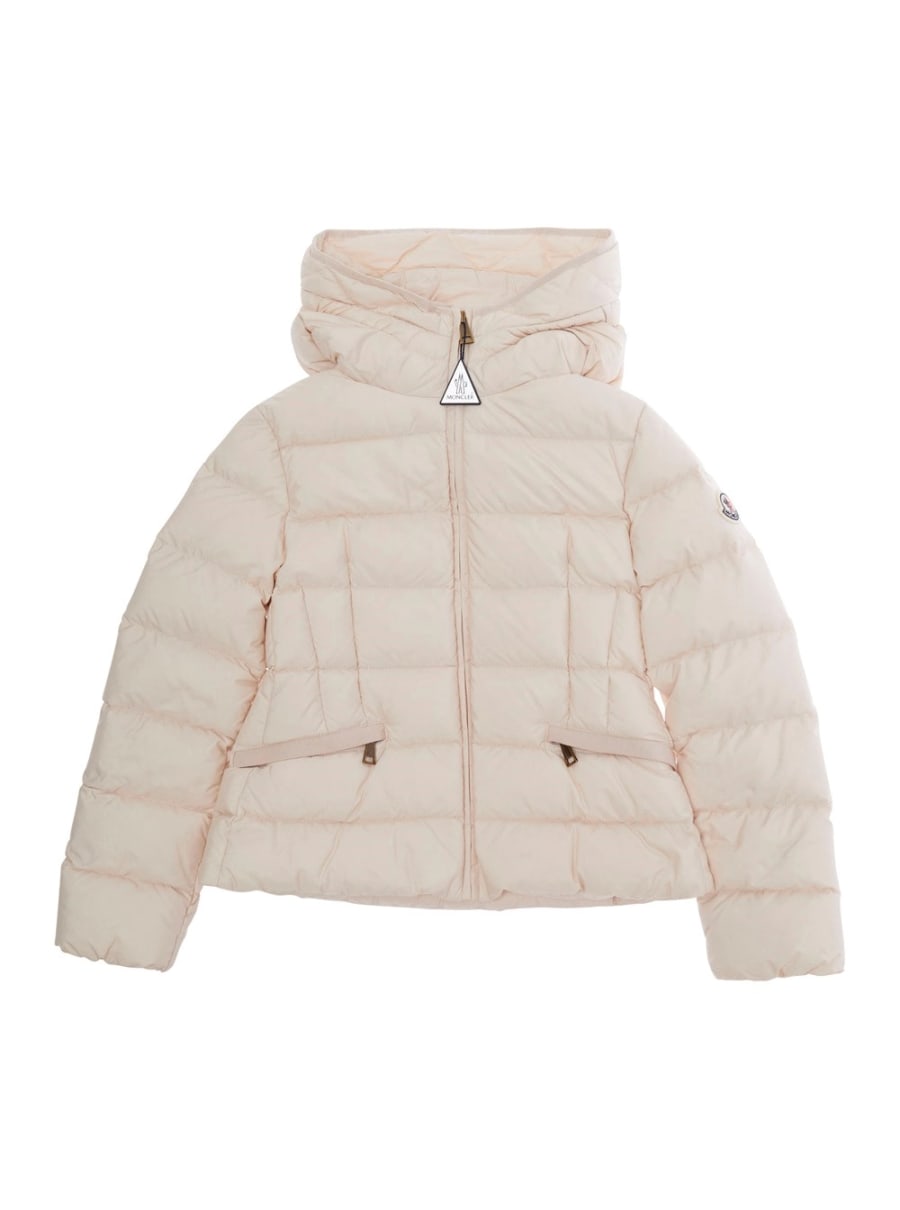 Moncler kids Piumino 'Avoce' con cappuccio e patch logo sulla manica in tessuto tecnico rosa bambina