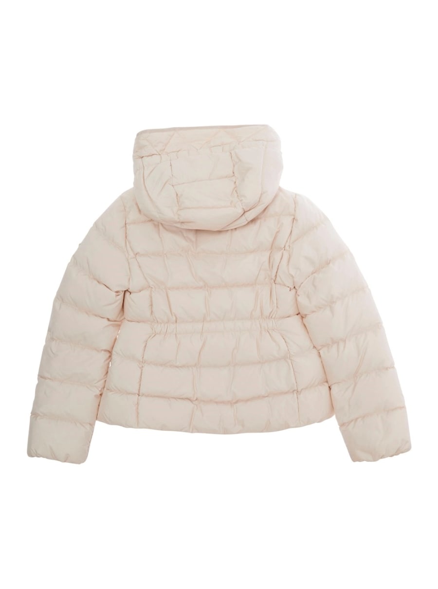 Moncler kids Piumino 'Avoce' con cappuccio e patch logo sulla manica in tessuto tecnico rosa bambina, view 2