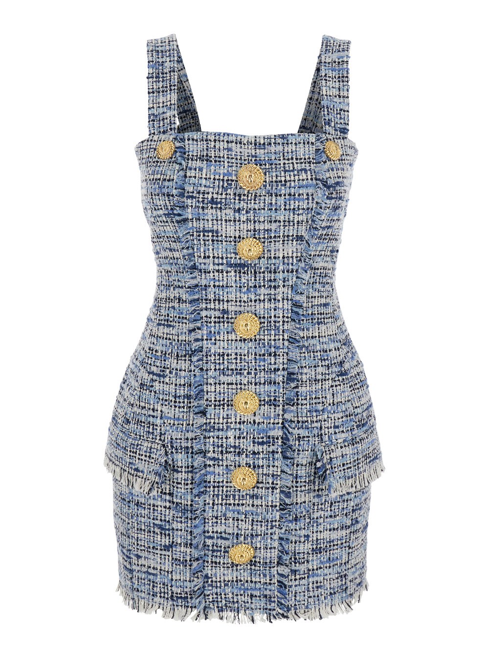 Balmain Abito con Dettagli Sfilacciati in Tweed Blu Donna