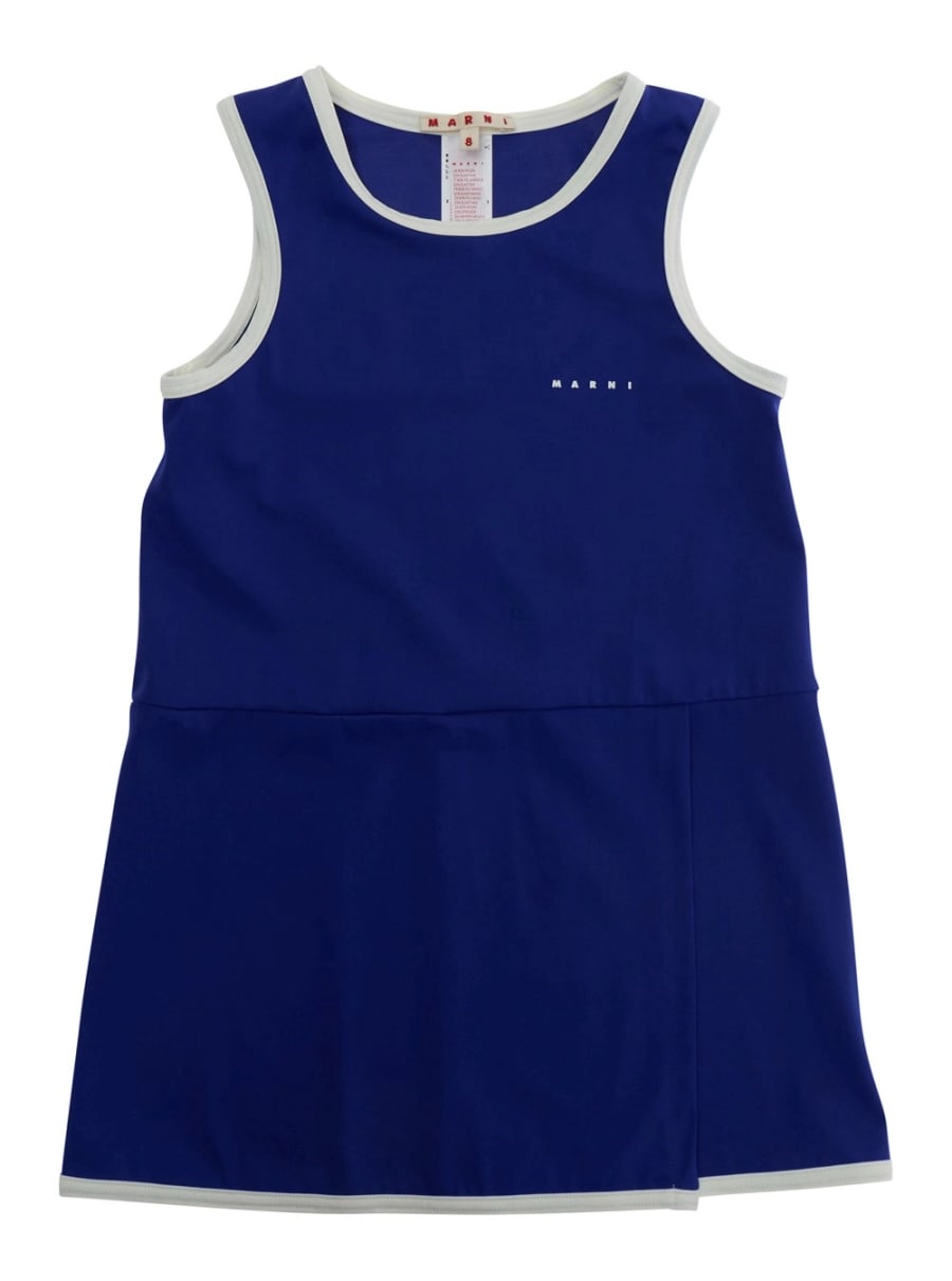 Marni kids Abito copri costume smanicato con logo lettering sul fronte in tessuto tecnico stretch blu bambina