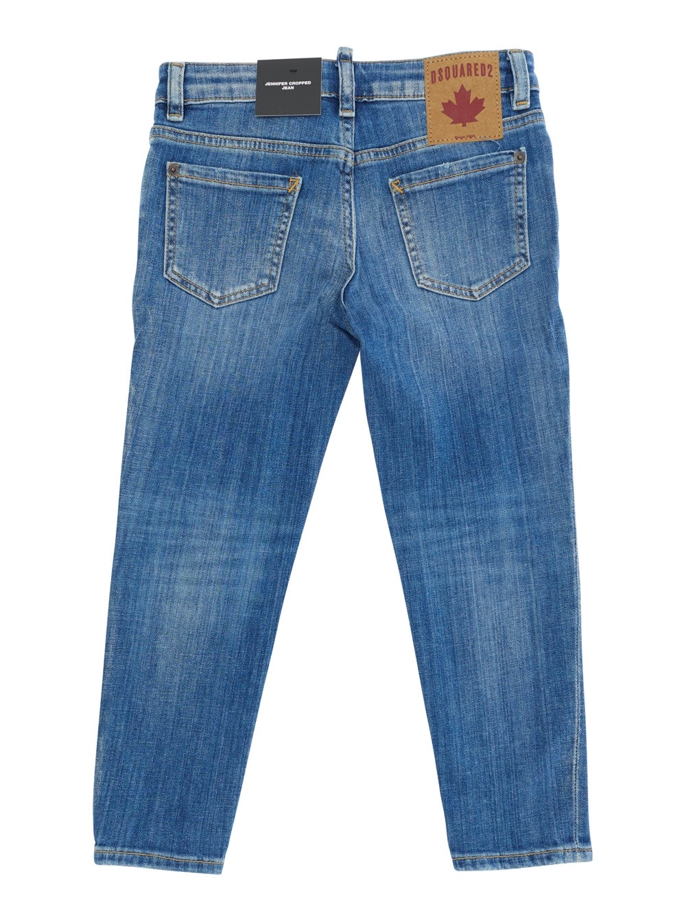 Dsquared2 kids Jeans 'Jennifer' con Patch Logo sul Retro e Dettagli Strappati sul Fronte in Denim Blu Bambina, view 2