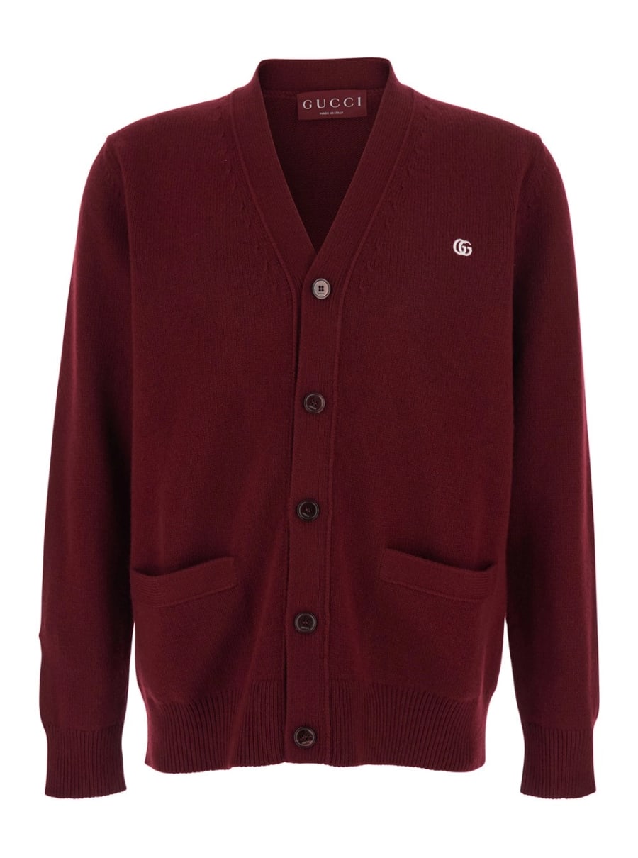 Gucci Cardigan con Scollo a V e Ricamo GG sul Fronte in Cashmere Bordeaux Uomo