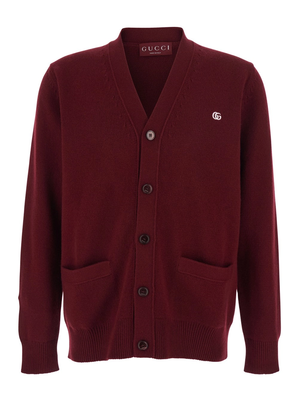 Gucci Cardigan con Scollo a V e Ricamo GG sul Fronte in Cashmere Bordeaux Uomo