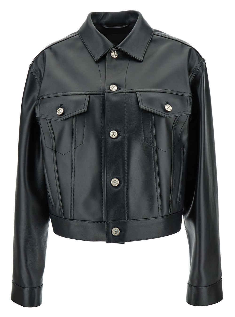 Balenciaga Giubbotto Cropped con Bottoni Color Argento Logati in Pelle Super Liscia Nera Donna