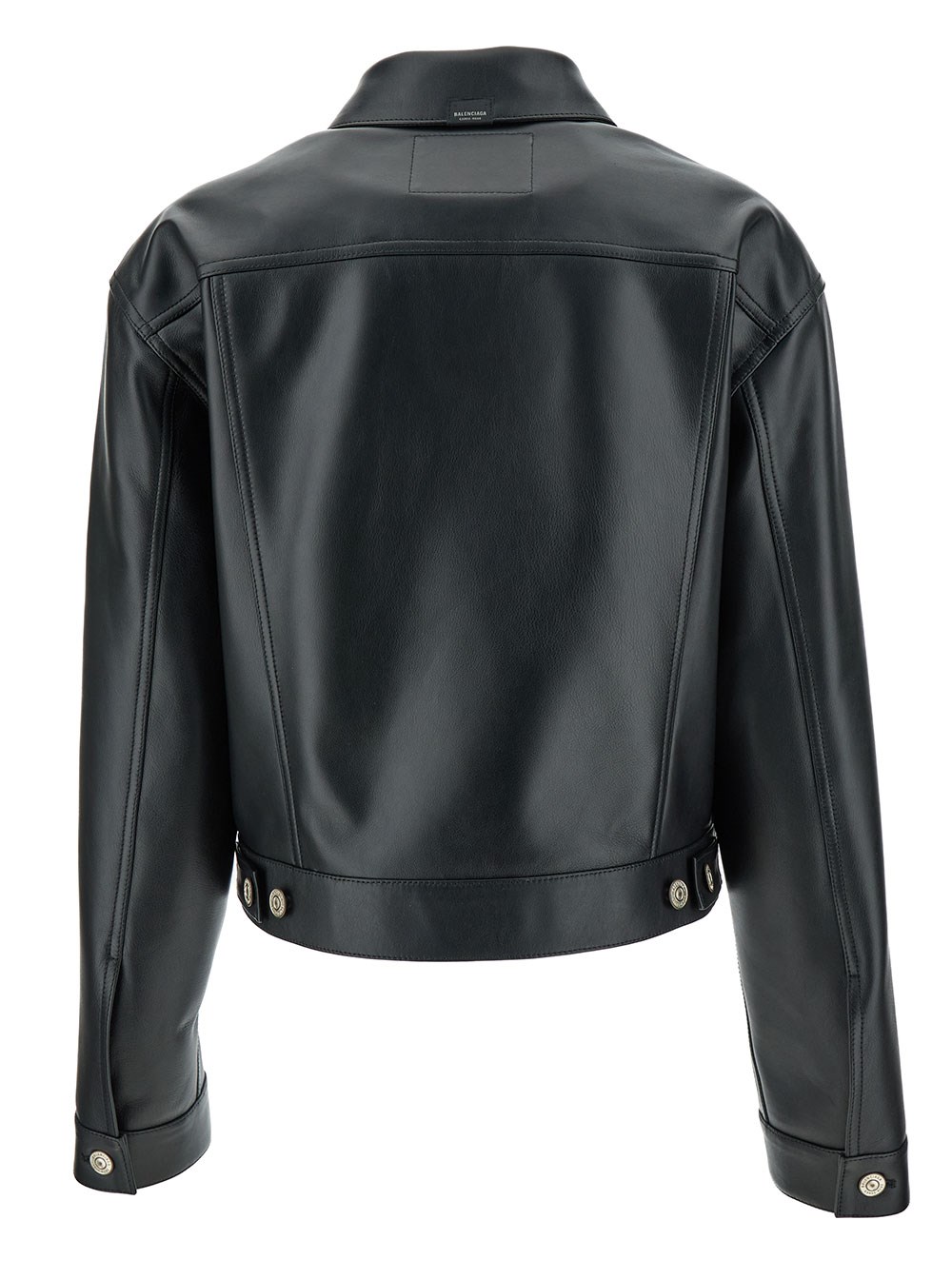 Balenciaga Giubbotto Cropped con Bottoni Color Argento Logati in Pelle Super Liscia Nera Donna, view 2