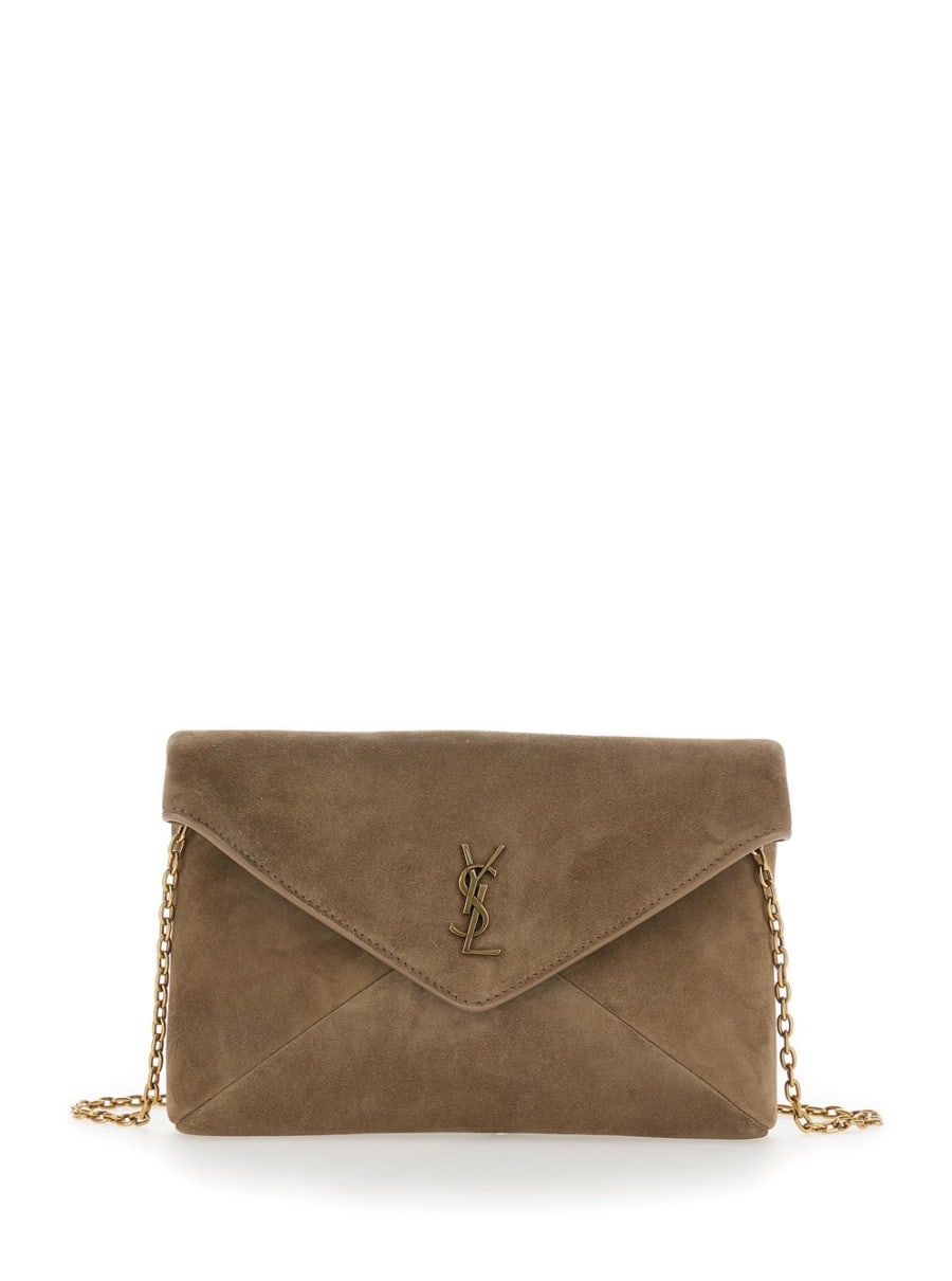 Saint Laurent Borsa a Tracolla con tracolla a catena e placca Cassandre sul fronte in pelle scamosciata beige donna