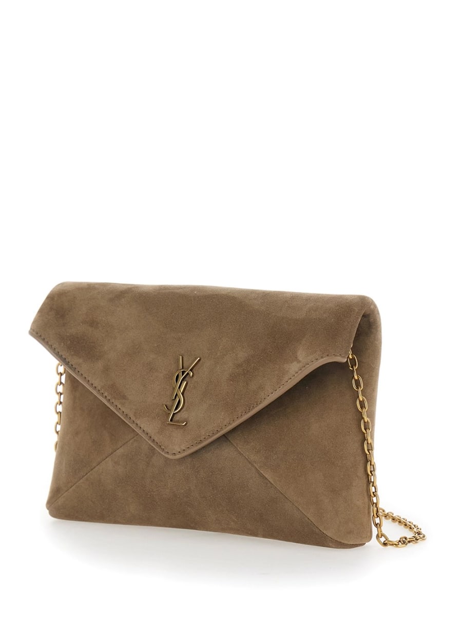 Saint Laurent Borsa a Tracolla con tracolla a catena e placca Cassandre sul fronte in pelle scamosciata beige donna, view 2
