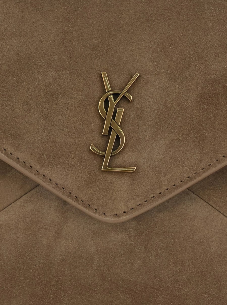 Saint Laurent Borsa a Tracolla con tracolla a catena e placca Cassandre sul fronte in pelle scamosciata beige donna, view 5