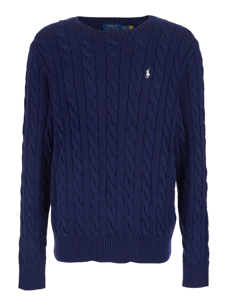 Polo Ralph Lauren Maglione Girocollo con Lavorazione a Treccia e Ricamo Cavallino sul Fronte in Cotone Blu Uomo