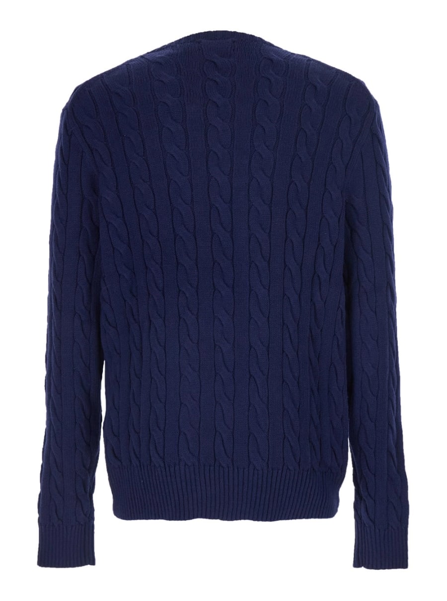 Polo Ralph Lauren Maglione Girocollo con Lavorazione a Treccia e Ricamo Cavallino sul Fronte in Cotone Blu Uomo, view 2