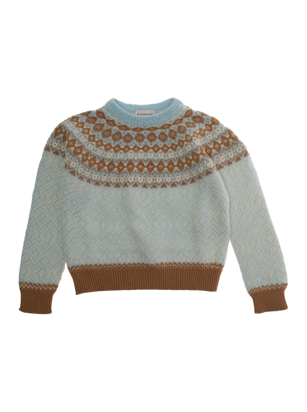 Moncler kids Maglione Girocollo con Motivo Fair Isle ePatch Logo sulla Manica in Lana Multicolor Bambina