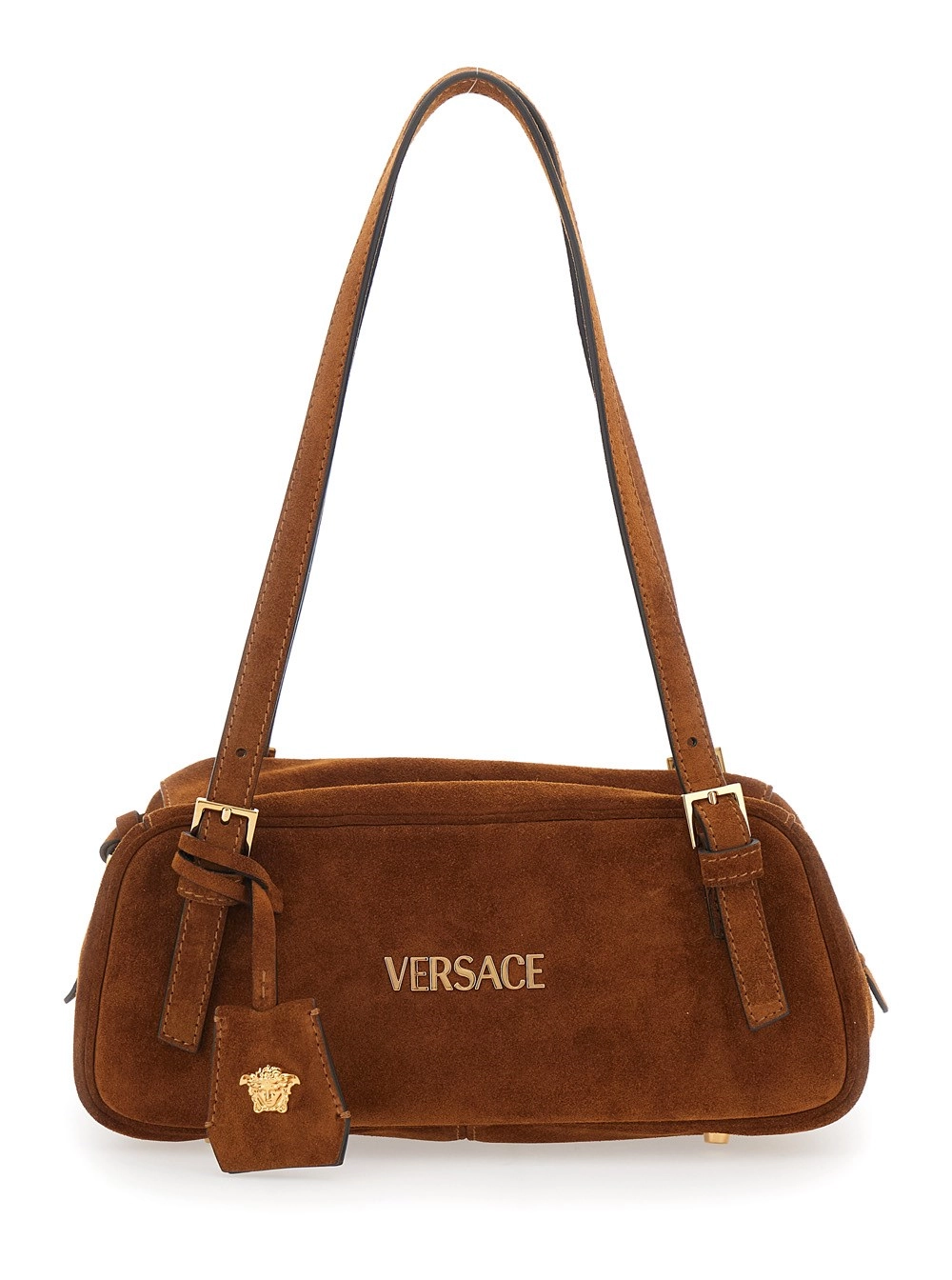 Versace Borsa a Spalla 'Tag Bowling' con Logo Letterng Metallico e Pendente con Medusa Head in Suede Marrone Donna