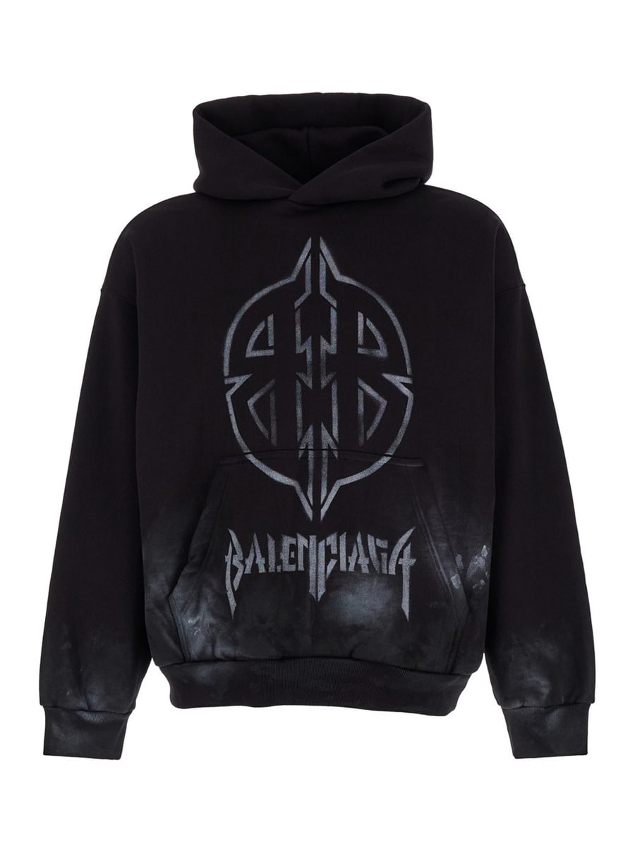 Balenciaga Felpa con Cappuccio e Motivo Metal BB Stencil in Cotone Effetto Sporco Nero Uomo