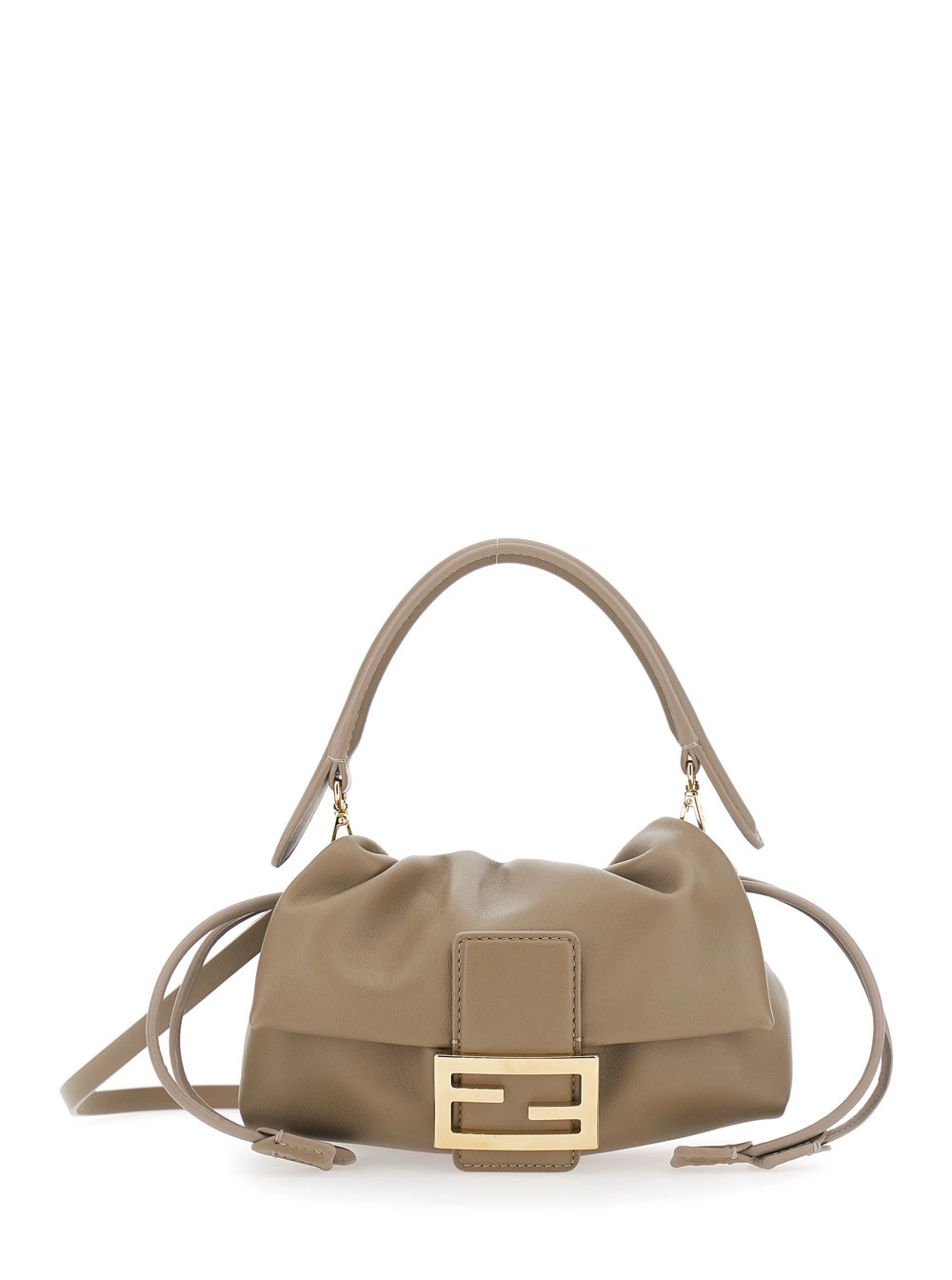 Fendi Borsa a Spalla 'Baguette Soft' Piccola con placca FF sul Fronte e Chiusura a Coulisse in Pelle Beige Donna