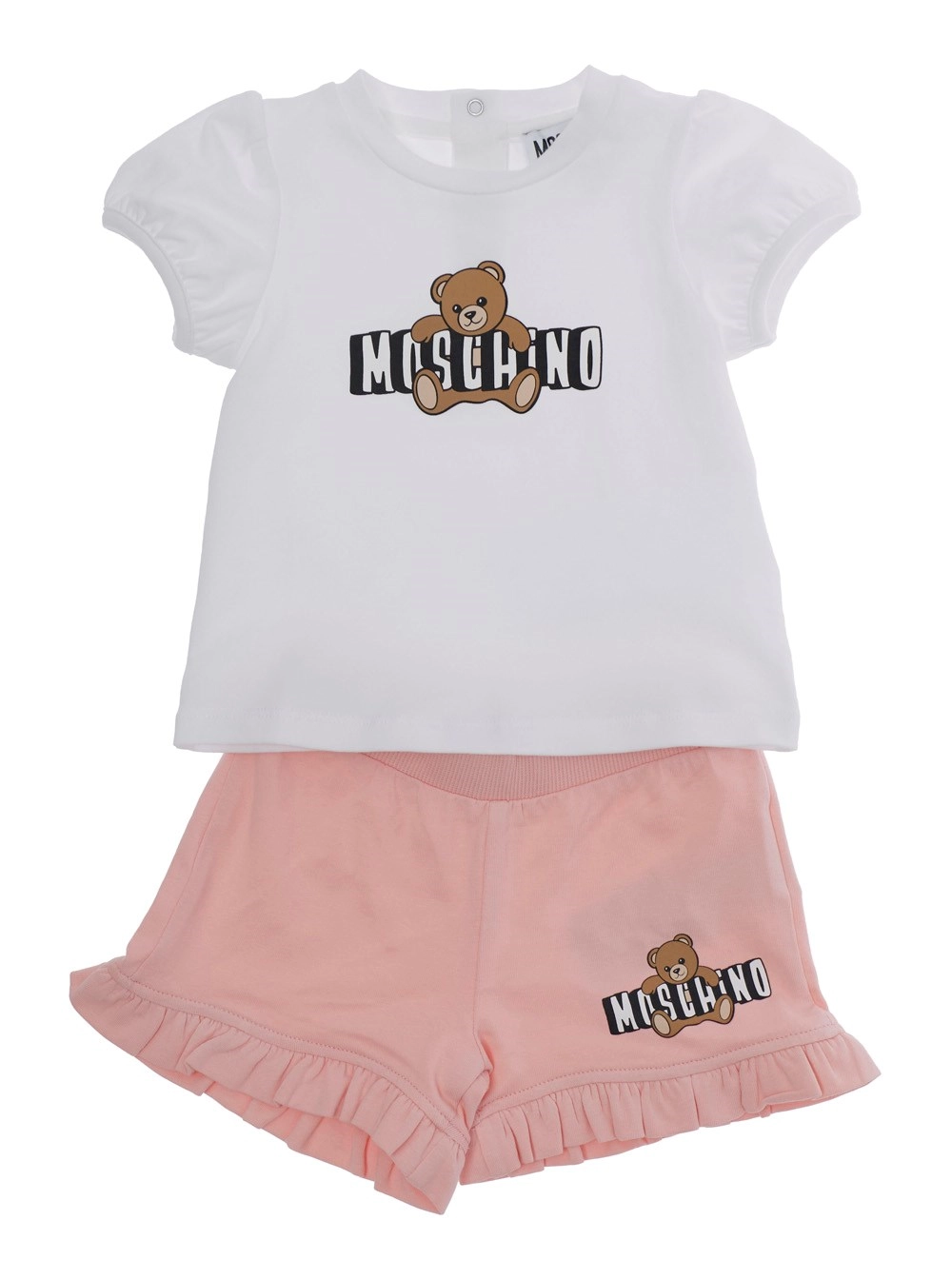 Moschino kids Completo T-Shirt e Pantaloncini con Stampa Logo sul Fronte in Cotone Stretch Bianco e Rosa Baby