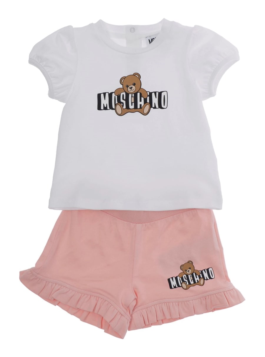 Moschino kids Completo T-Shirt e Pantaloncini con Stampa Logo sul Fronte in Cotone Stretch Bianco e Rosa Baby