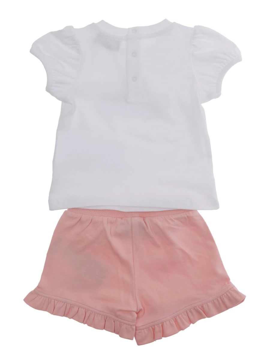 Moschino kids Completo T-Shirt e Pantaloncini con Stampa Logo sul Fronte in Cotone Stretch Bianco e Rosa Baby, view 2