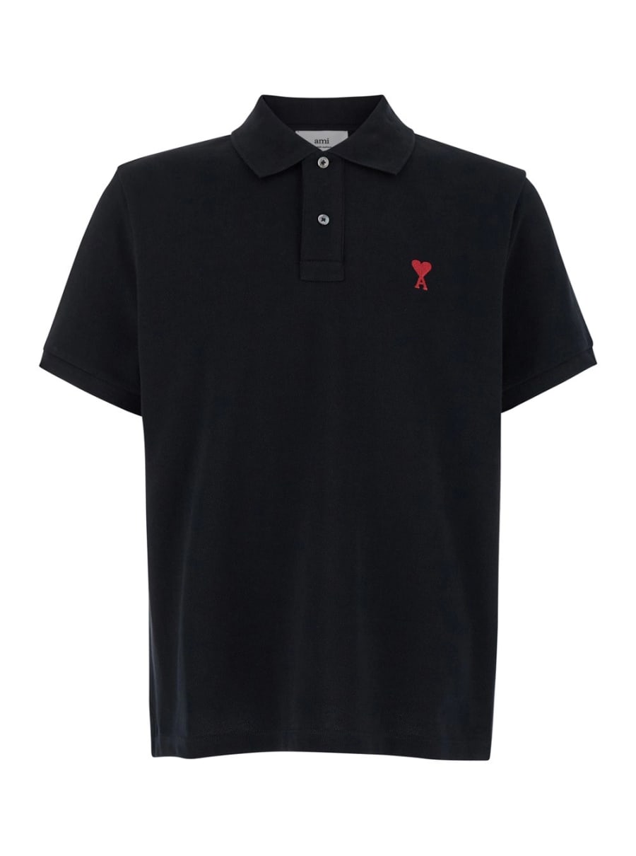 AMI Paris Polo con Logo ADC Ricamato sul Fronte in Cotone Nero Uomo