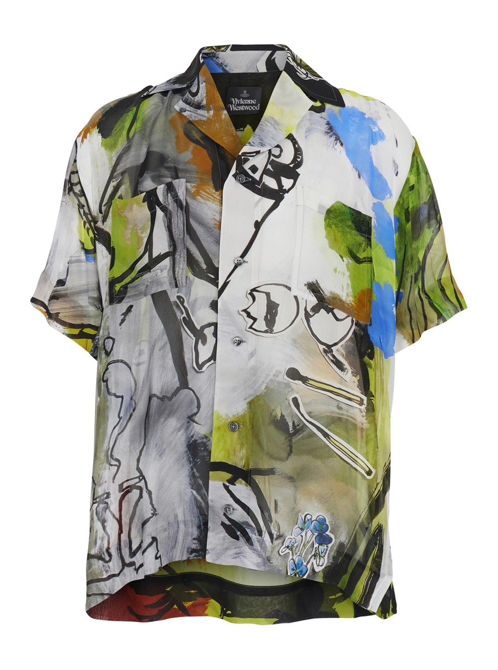 Vivienne Westwood Camicia con collo aperto e stampa grafica all-over in viscosa multicolor uomo