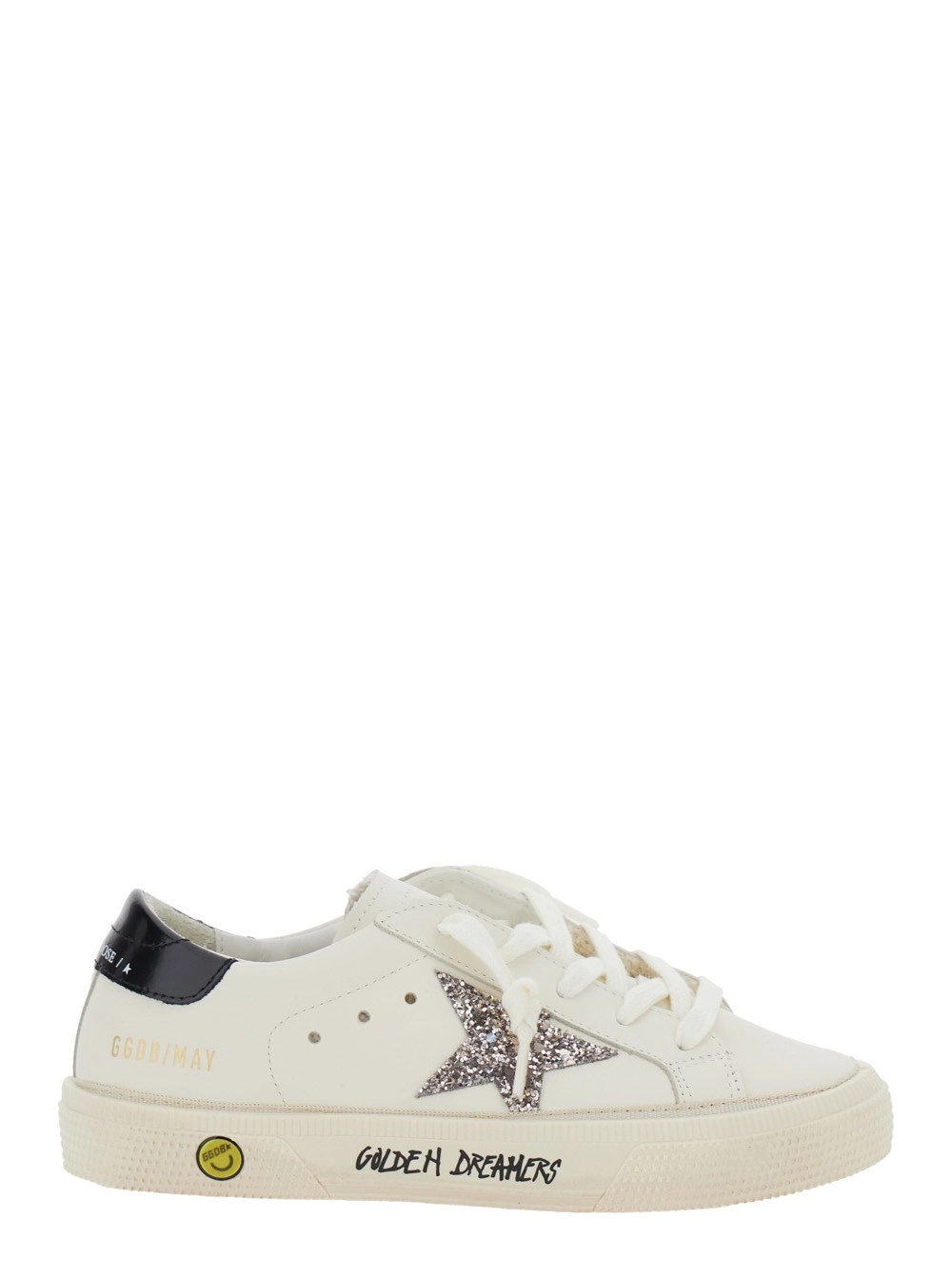 Golden goose kids Sneaker 'May' Low Top con Patch a Stella Glitterato e Tallone a Contrasto con Logo Lettering in Pelle Bianca Bambina