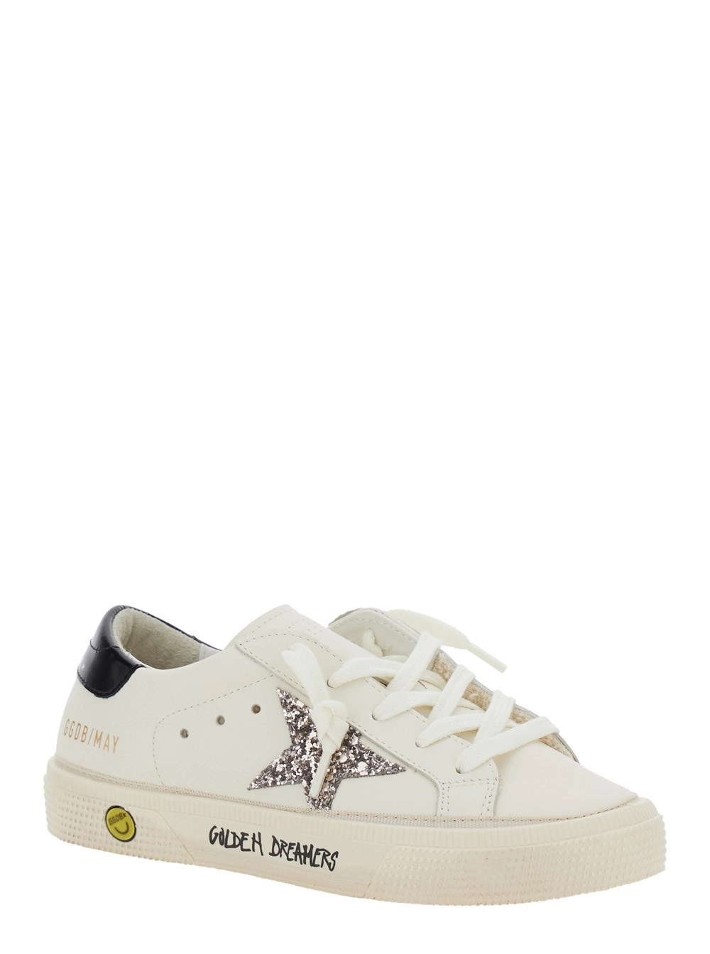 Golden goose kids Sneaker 'May' Low Top con Patch a Stella Glitterato e Tallone a Contrasto con Logo Lettering in Pelle Bianca Bambina, view 2