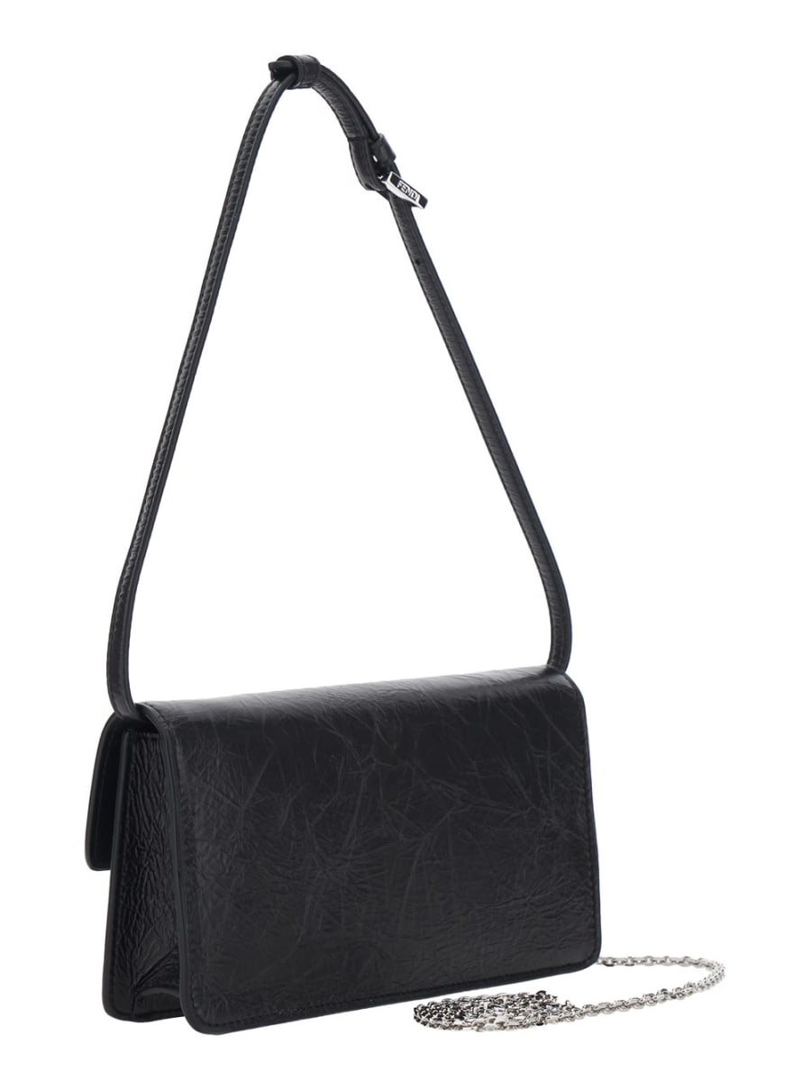 Fendi Borsa a tracolla con tracolla in pelle e tracolla a catena in tessuto FF nera donna, view 3