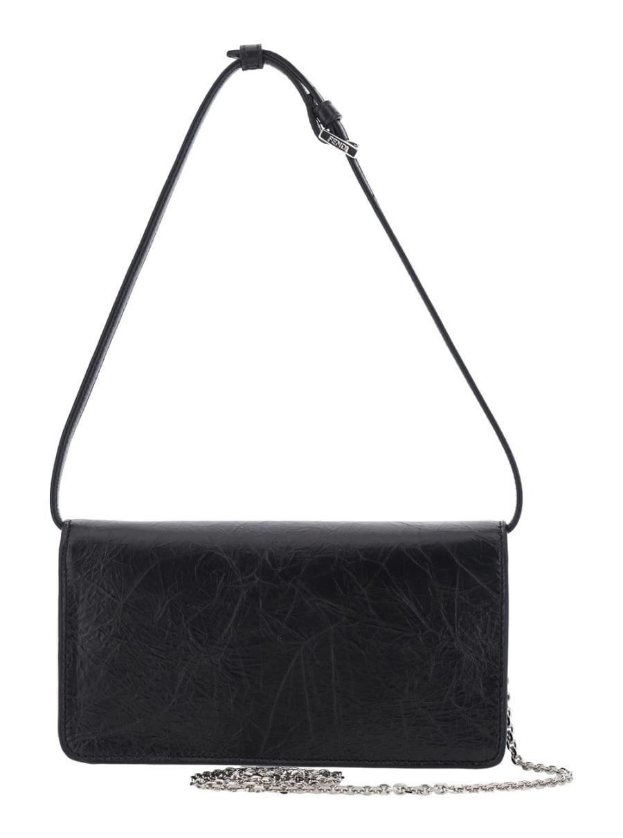 Fendi Borsa a tracolla con tracolla in pelle e tracolla a catena in tessuto FF nera donna, view 4