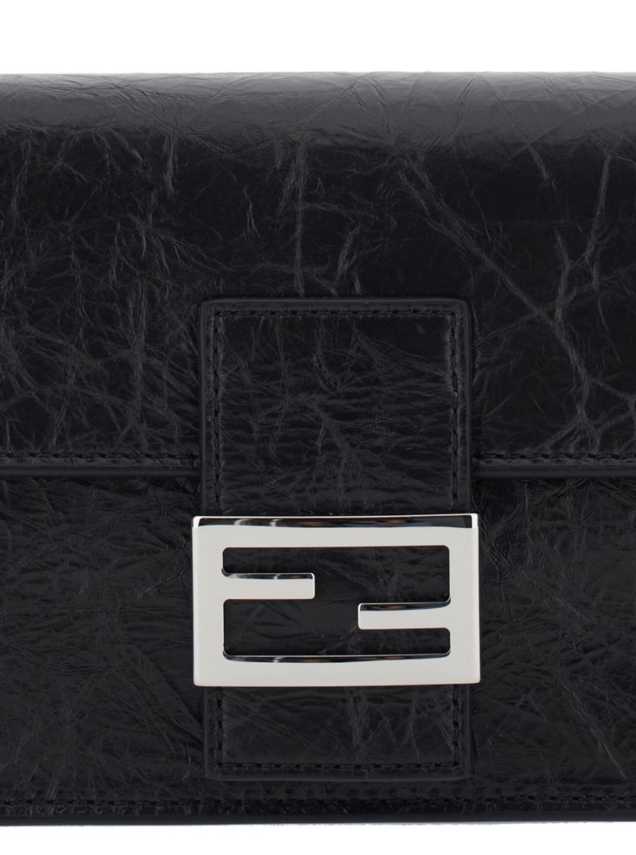 Fendi Borsa a tracolla con tracolla in pelle e tracolla a catena in tessuto FF nera donna, view 5