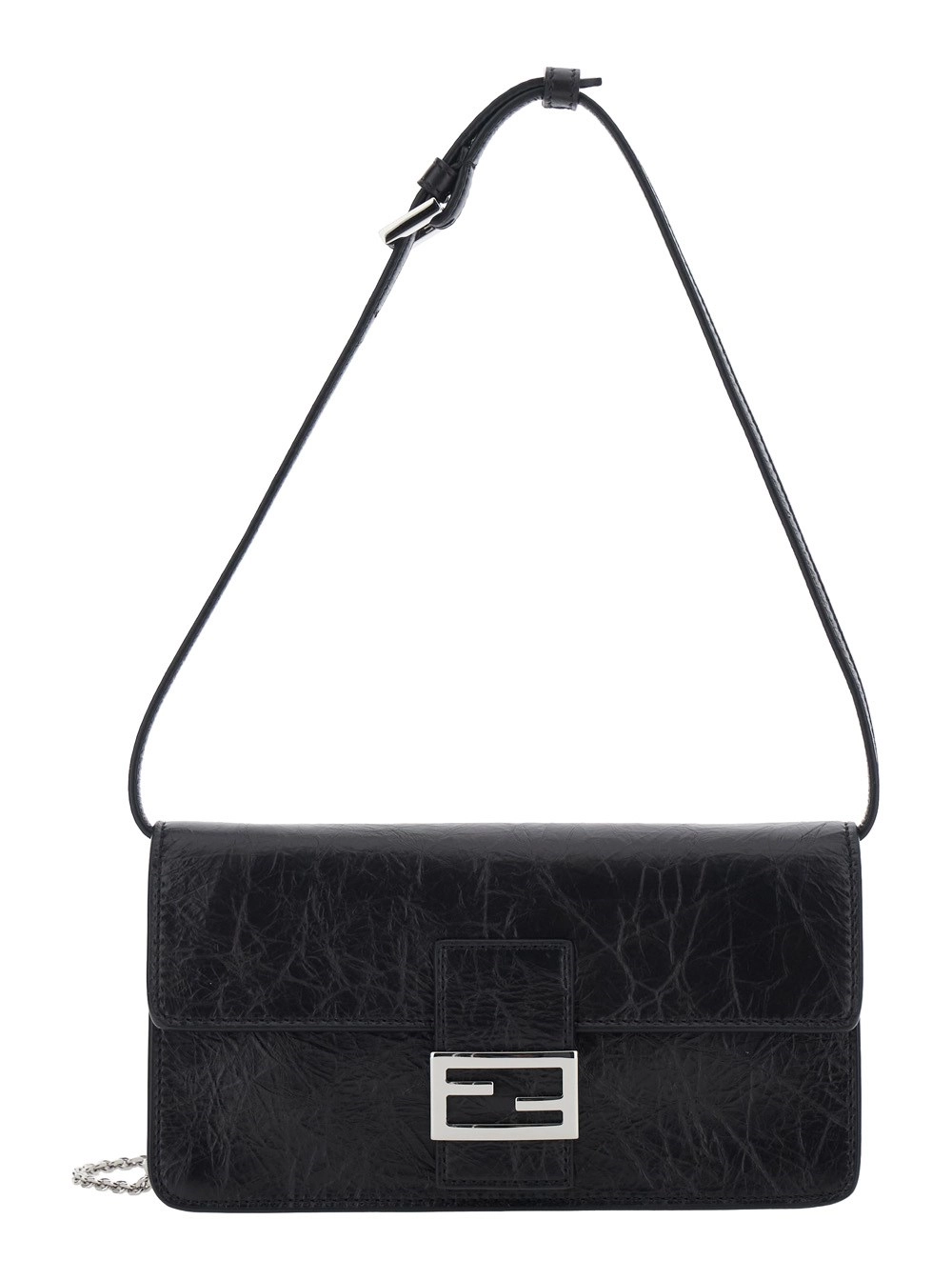 Fendi Borsa a tracolla con tracolla in pelle e tracolla a catena in tessuto FF nera donna