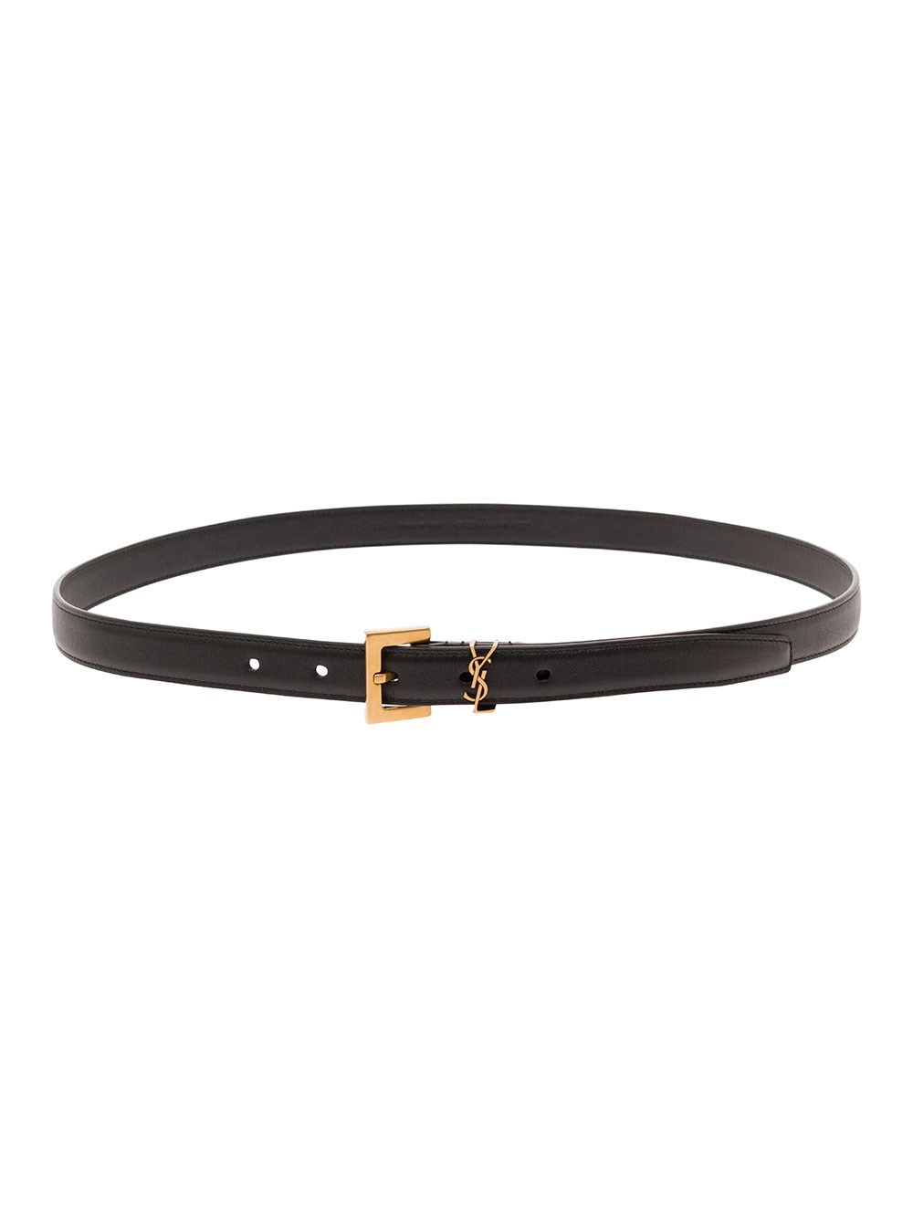 Saint Laurent Cintura con Fibbia Dorata e Dettaglio Monogram in Pelle Nera Donna