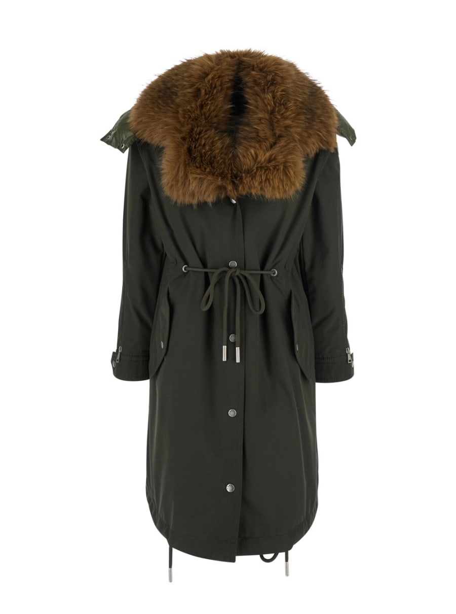 Moncler Parka Lungo 'Halcie' con cappuccio removibile e inserto in pelliccia in misto cotone verde donna