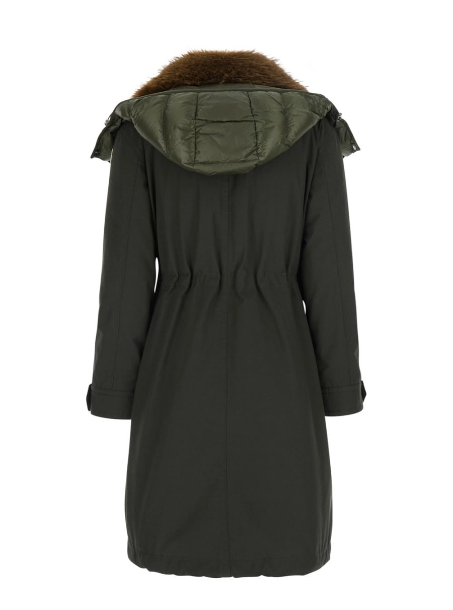 Moncler Parka Lungo 'Halcie' con cappuccio removibile e inserto in pelliccia in misto cotone verde donna, view 2