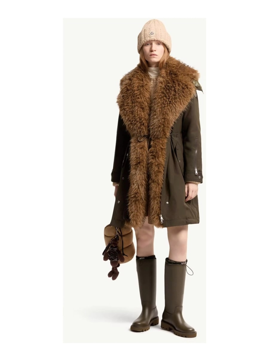 Moncler Parka Lungo 'Halcie' con cappuccio removibile e inserto in pelliccia in misto cotone verde donna, view 5