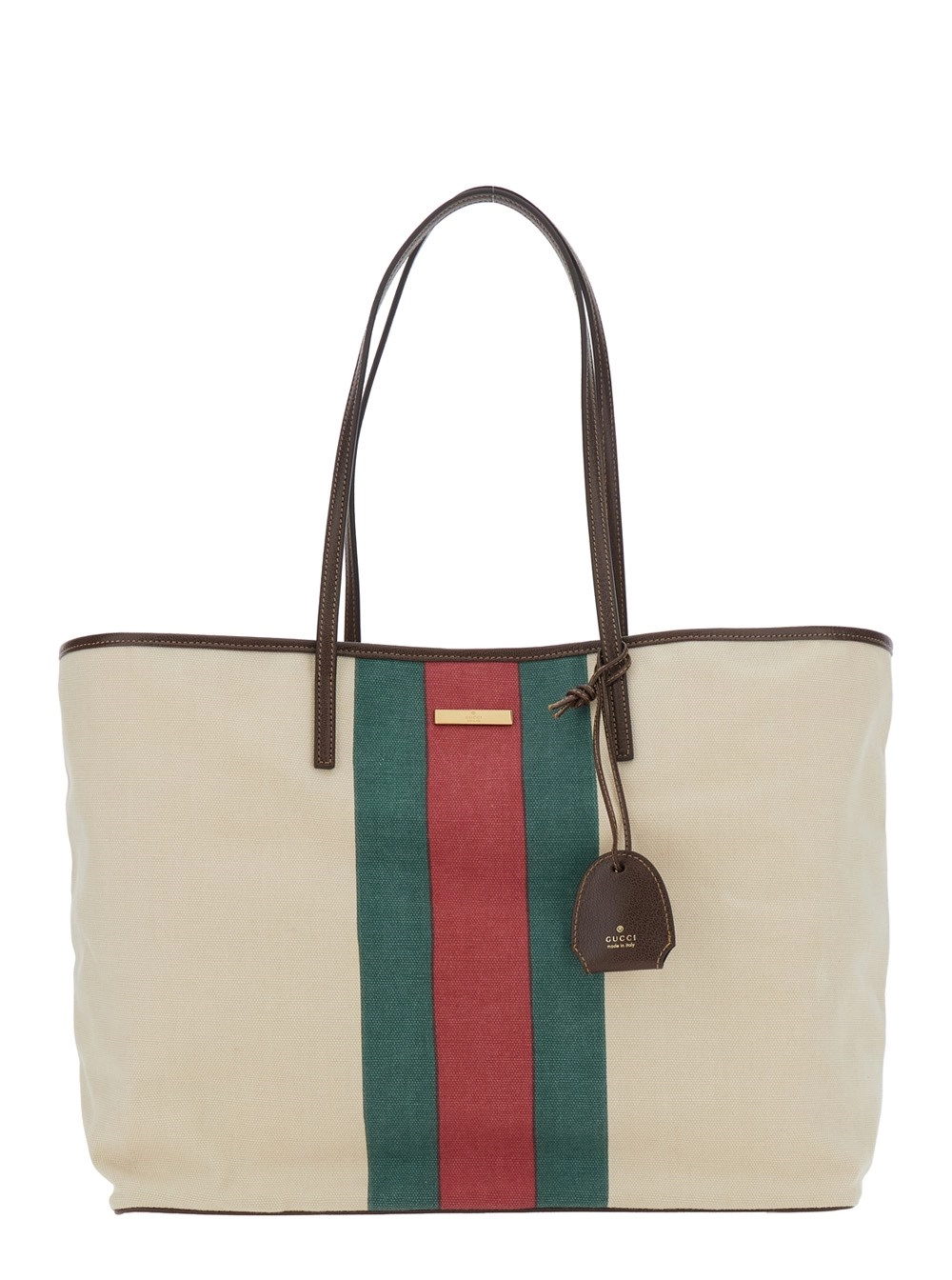 Gucci Borsa Shopping con Nastro Web e Placca Logo sul Fronte in Tessuto Bianca Donna
