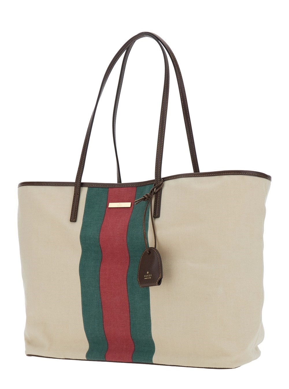 Gucci Borsa Shopping con Nastro Web e Placca Logo sul Fronte in Tessuto Bianca Donna, view 2
