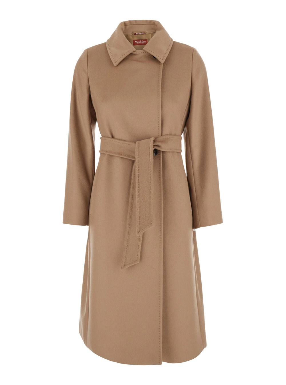 Max Mara Studio Cappotto con Colletto Classico e Chiusura con Cintura sul Fronte in Lana Beige Donna