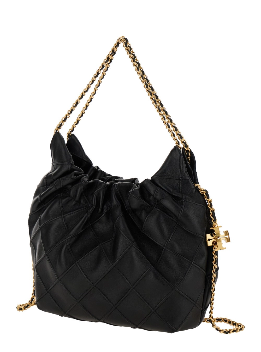 Tory Burch Borsa a Spalla 'Fleming' con Tracolla a Catena e Motivo Doppia T in Pelle Martellata Nera Donna, view 2
