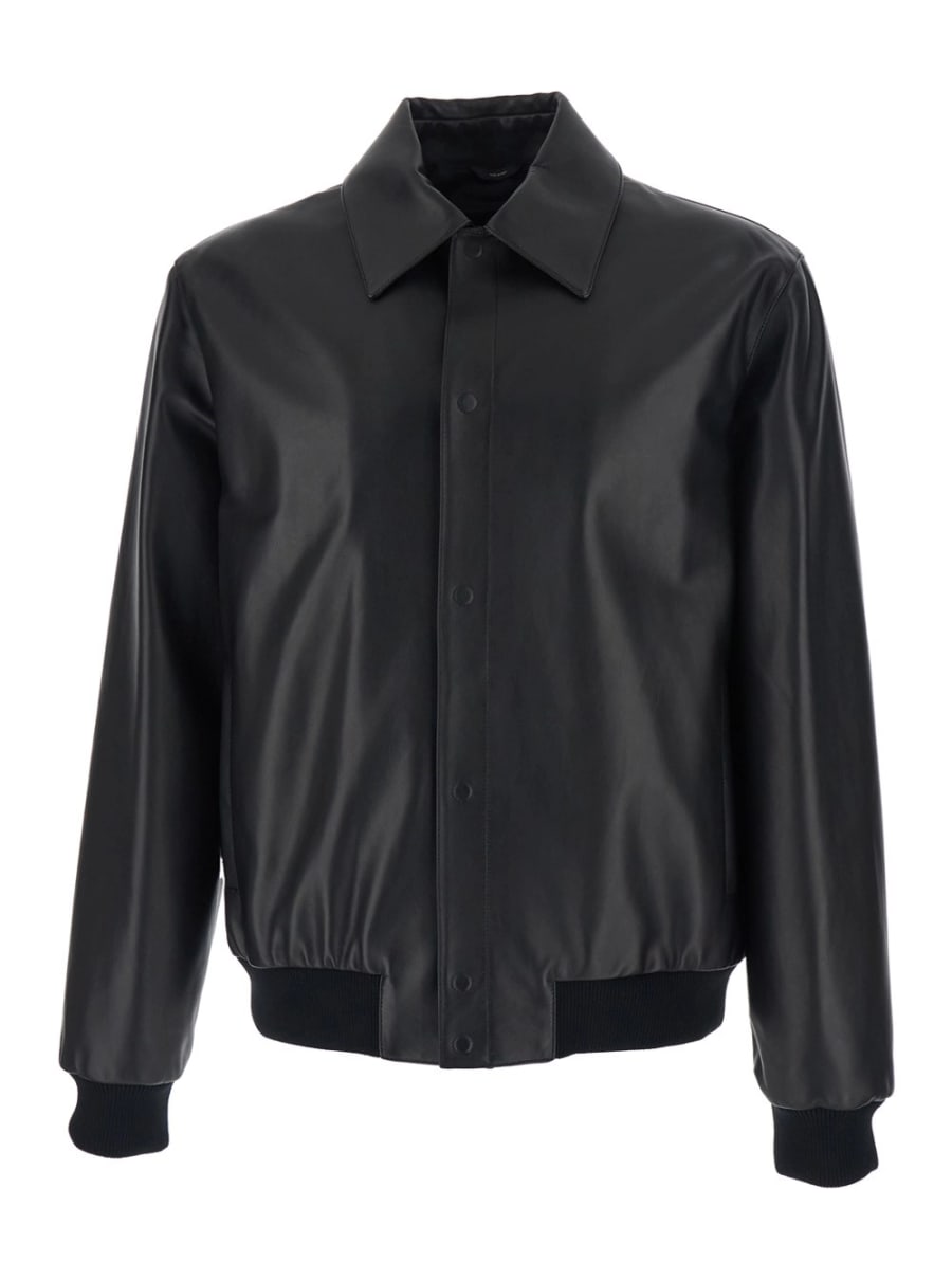 Fendi Giubbotto con Colletto Classico e Logo Lettering sul Retro in Pelle Nero Uomo