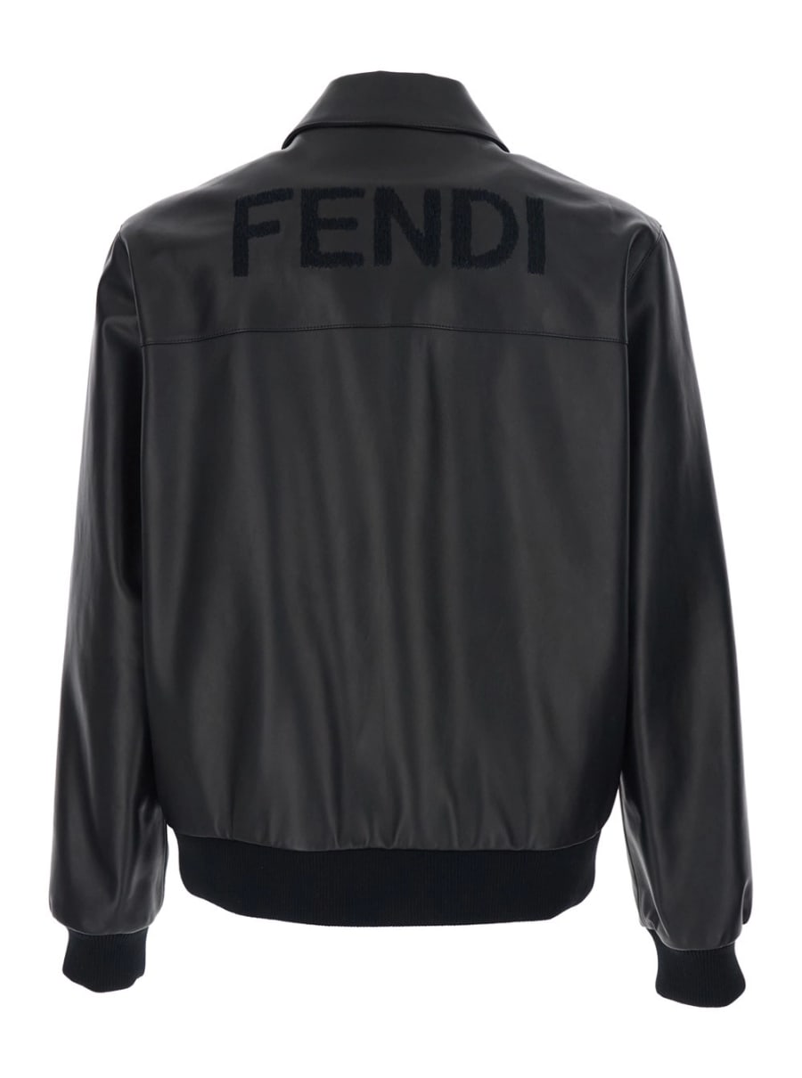 Fendi Giubbotto con Colletto Classico e Logo Lettering sul Retro in Pelle Nero Uomo, view 2