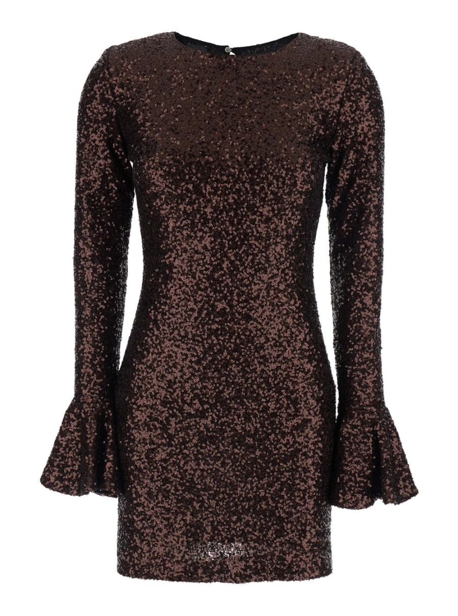 Leplain Abito con Scollo Rotondo e Pailettes Applicate All-Over in Tessuto Marrone Donna