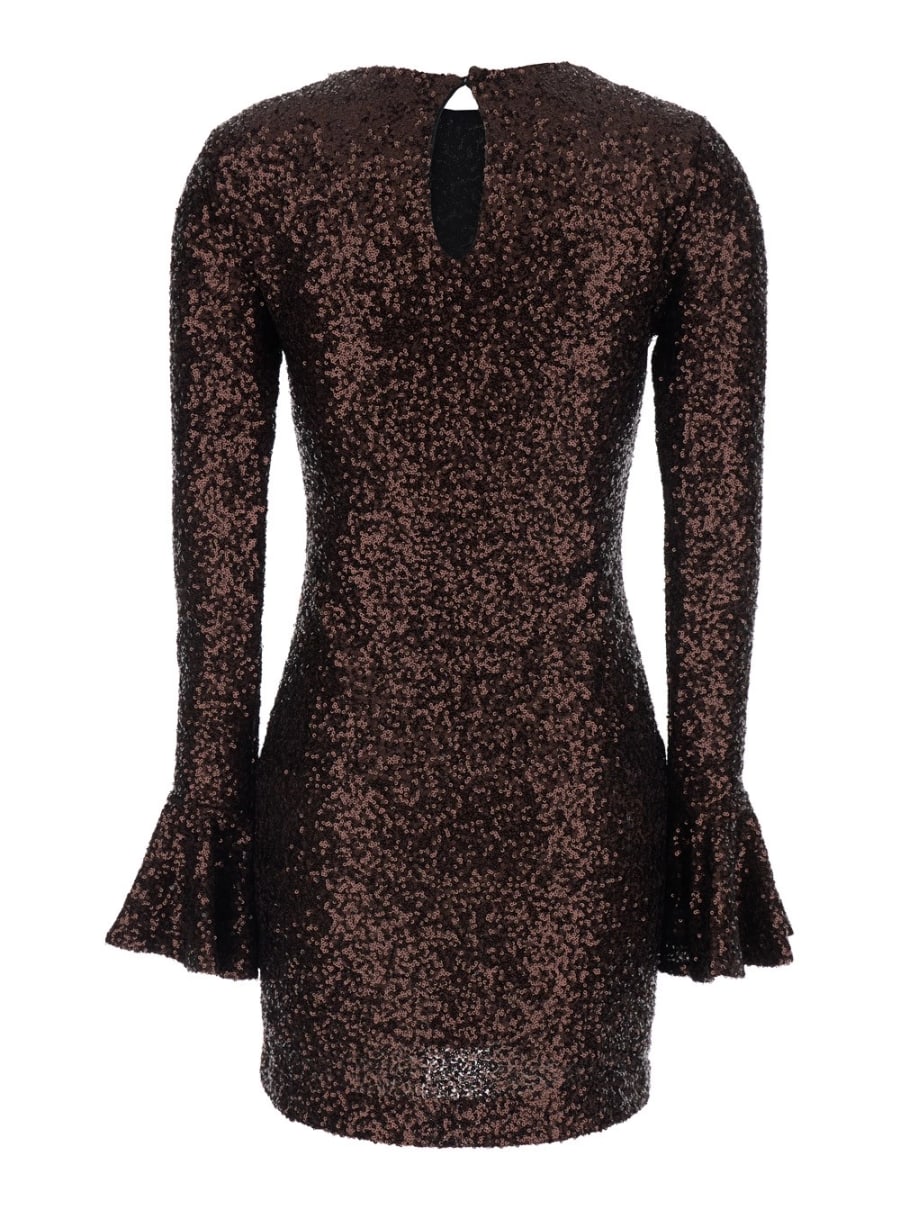 Leplain Abito con Scollo Rotondo e Pailettes Applicate All-Over in Tessuto Marrone Donna, view 2