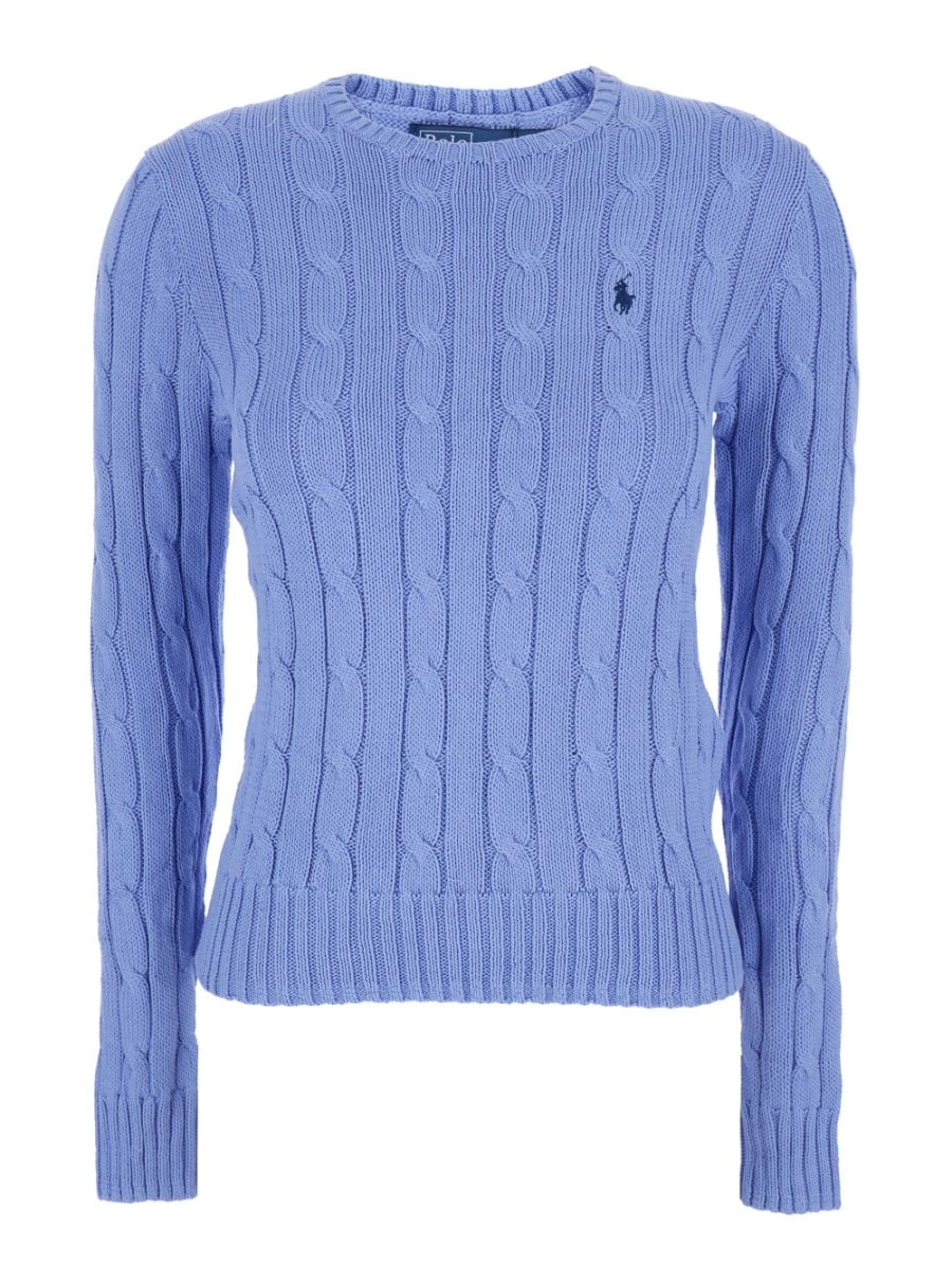 Polo Ralph Lauren Maglioni Girocollo con Ricamo Cavallino sul Fronte e Lavorazione a Treccia in Cotone Azzurri Donna