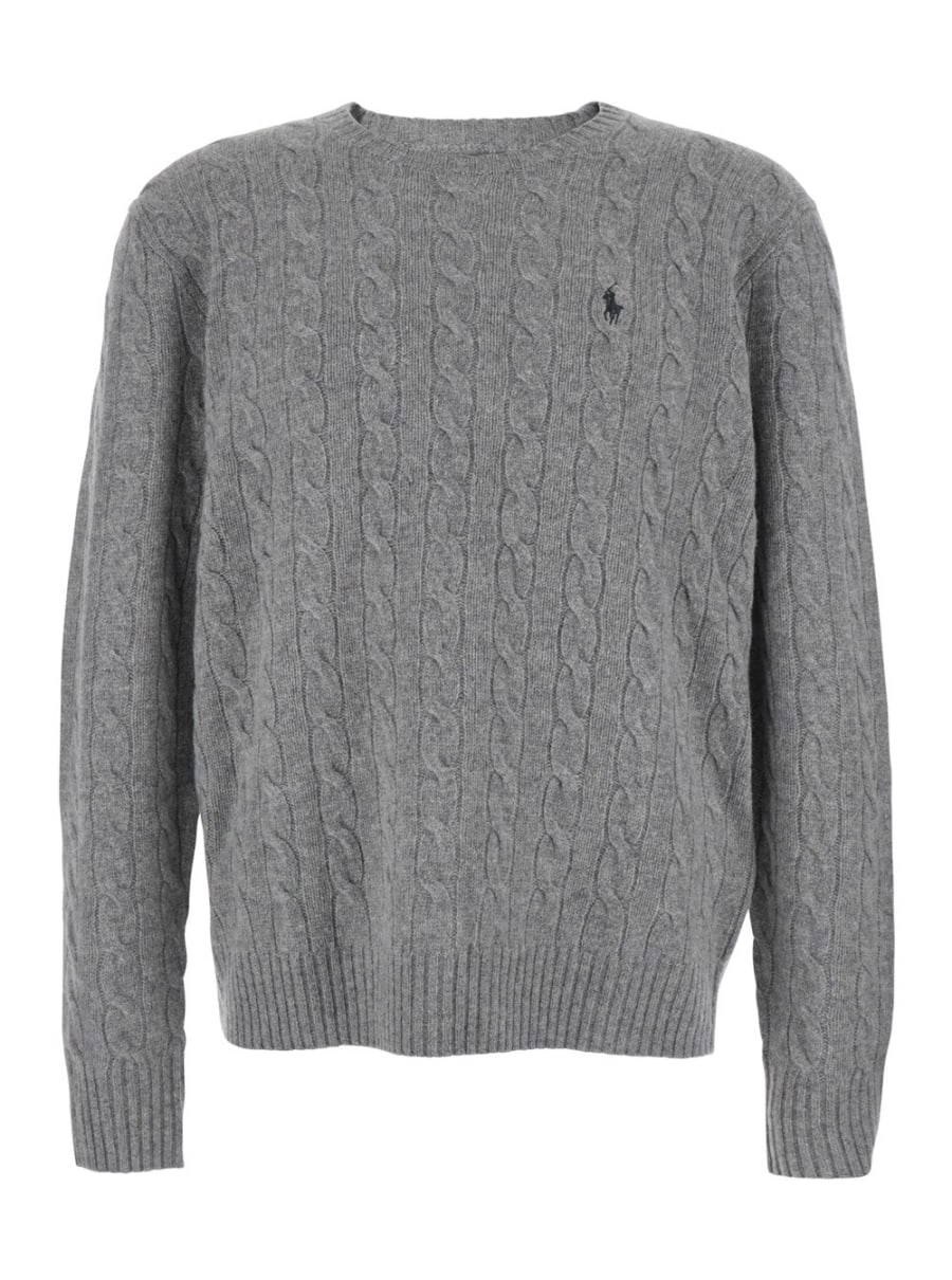 Polo Ralph Lauren Maglione Girocollo con Ricamo Cavallino sul Fronte e Lavorazione a Maglia in Lana e Cashmere Grigio Uomo