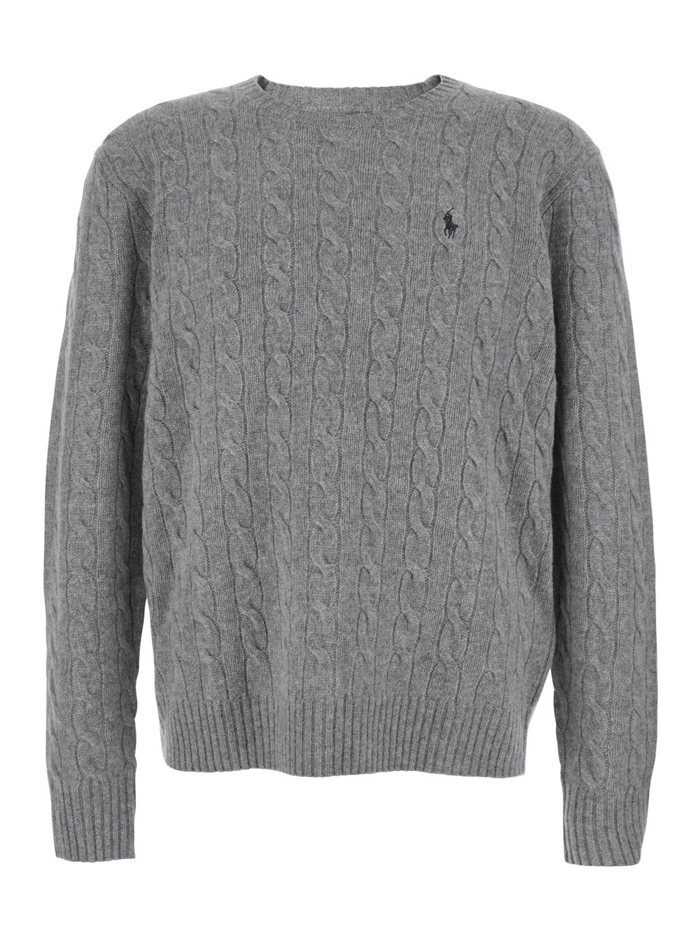 Polo Ralph Lauren Maglione Girocollo con Ricamo Cavallino sul Fronte e Lavorazione a Maglia in Lana e Cashmere Grigio Uomo