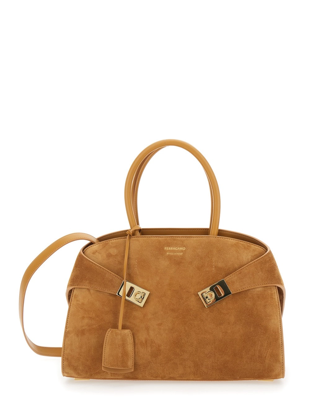 Ferragamo Borsa a Mano 'Hug Piccola' con Logo e Fibbie Gancini sul Fronte in Pelle Scamosciata Beige Donna