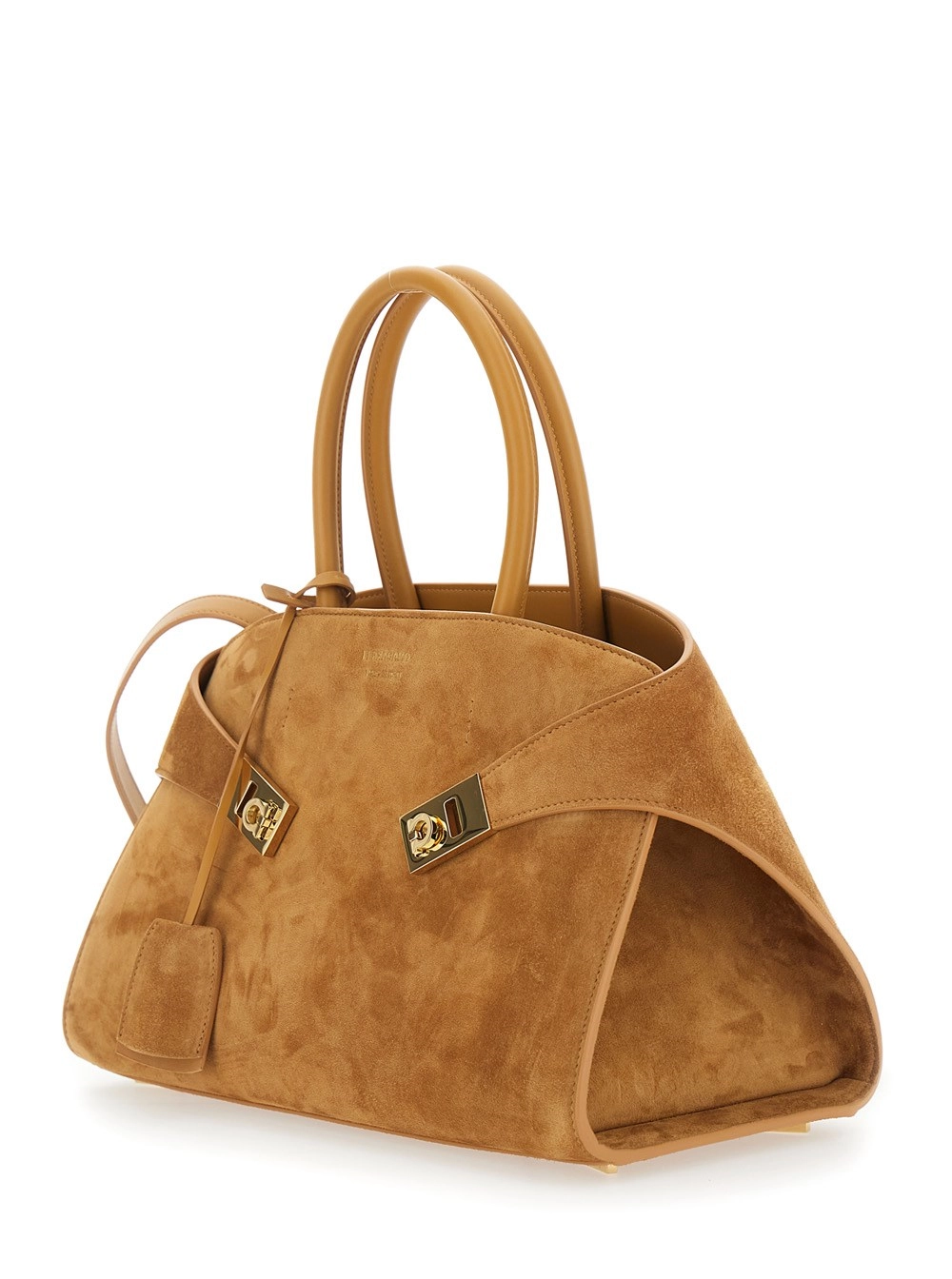Ferragamo Borsa a Mano 'Hug Piccola' con Logo e Fibbie Gancini sul Fronte in Pelle Scamosciata Beige Donna, view 2