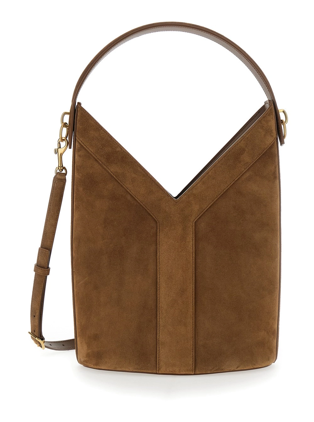 Saint Laurent Borsa a Mano 'YSL BO Y LONG BUCKET' con Manico in Pelle Suede Marrone Donna