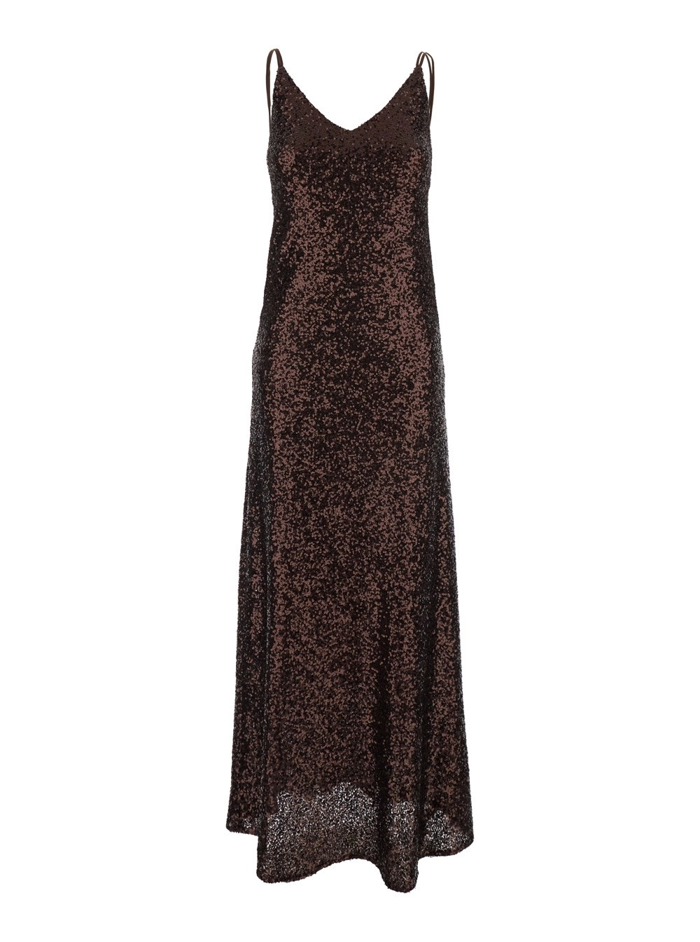 Leplain Abito Lungo "PLAIN" con Spalline e Paillettes Applicate All-Over in Tessuto Marrone Donna